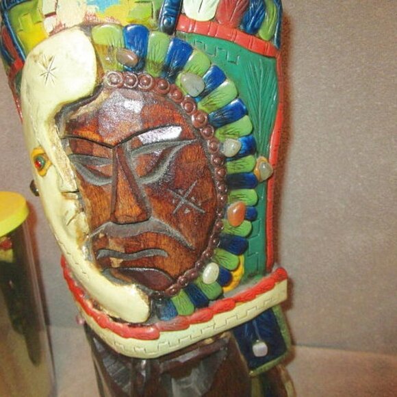 Vtg SUN & MOON Carved Wood TOTEM Native MASK Tiki GEMSTONES Chakra TRIBAL Aztec - Picture 8 of 12